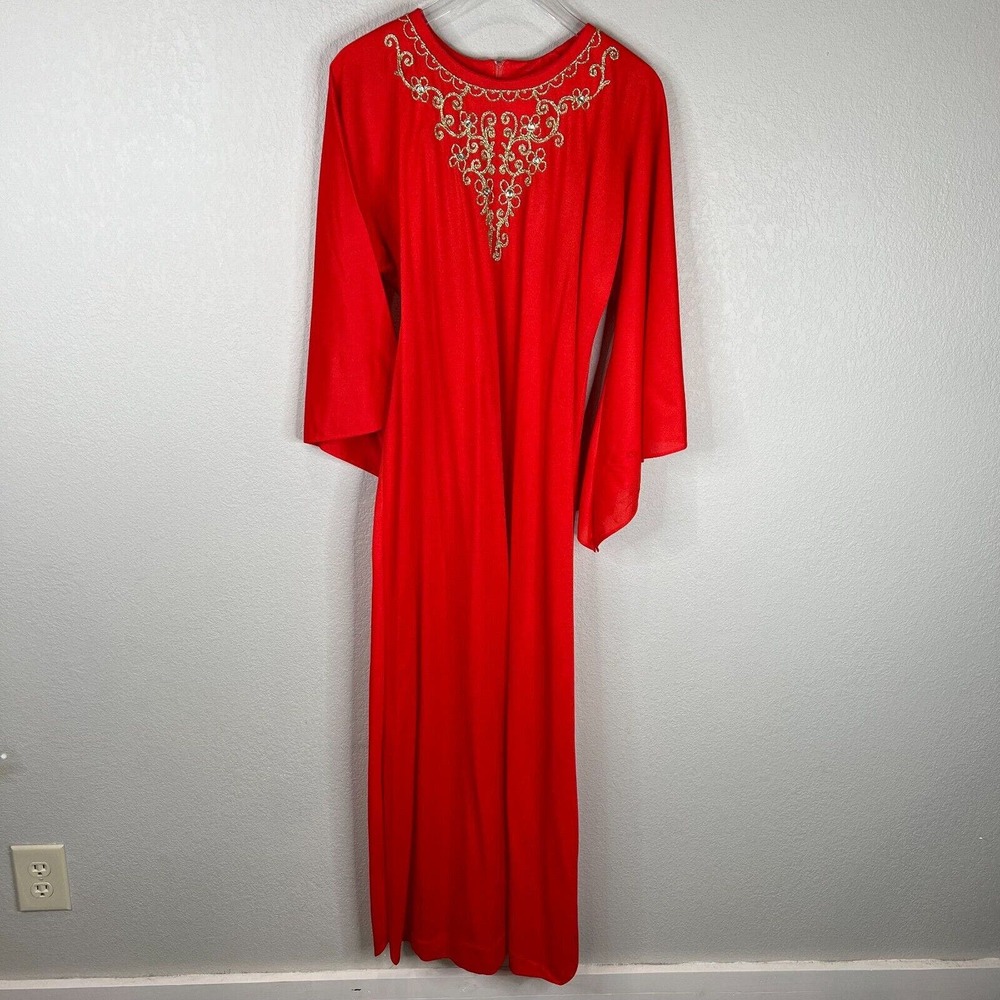 Vintage Kaftan Holly Women Embroidered Maxi Dress 3/4 Bell Sleeve Red‎